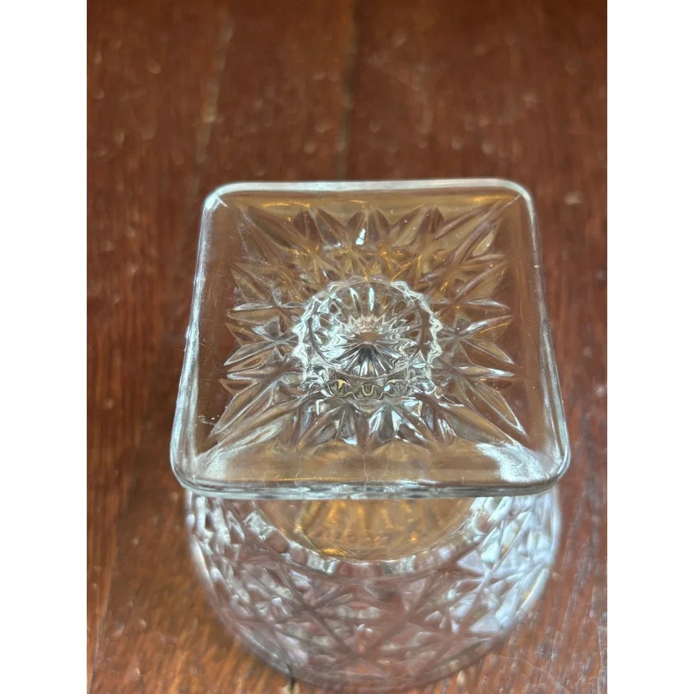 Vintage Clear Pressed Glass Dessert Bowl Square Pedestal Base Starburst Pattern
